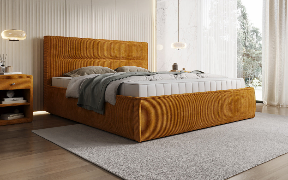 Designer gestoffeerd bed Merry in Ribstof met opbergruimte