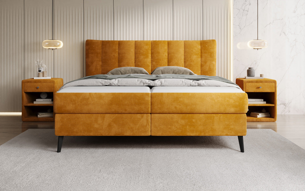Boxspringbed Ines in Ribstof met opbergruimte