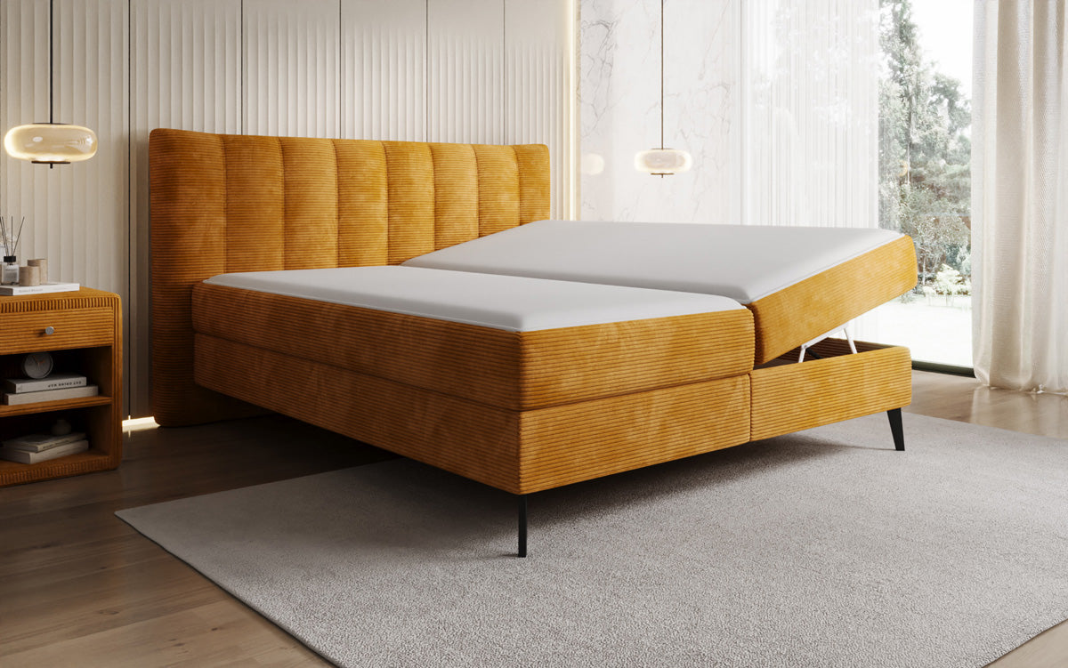 Boxspringbed Ines in Ribstof met opbergruimte