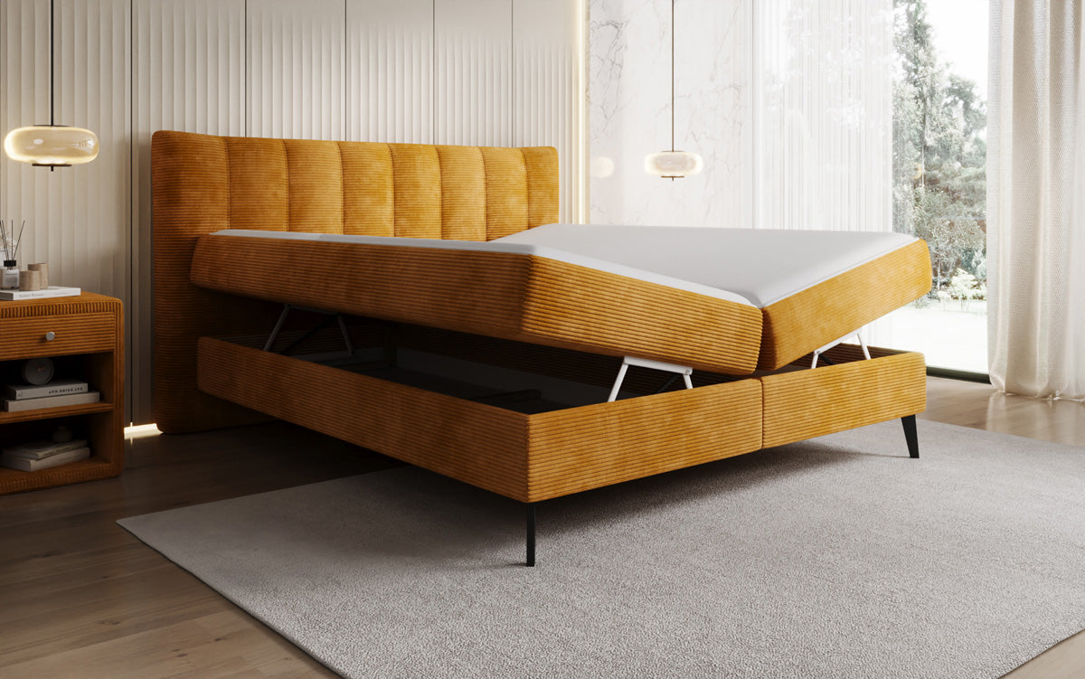 Boxspringbed Ines in Ribstof met opbergruimte