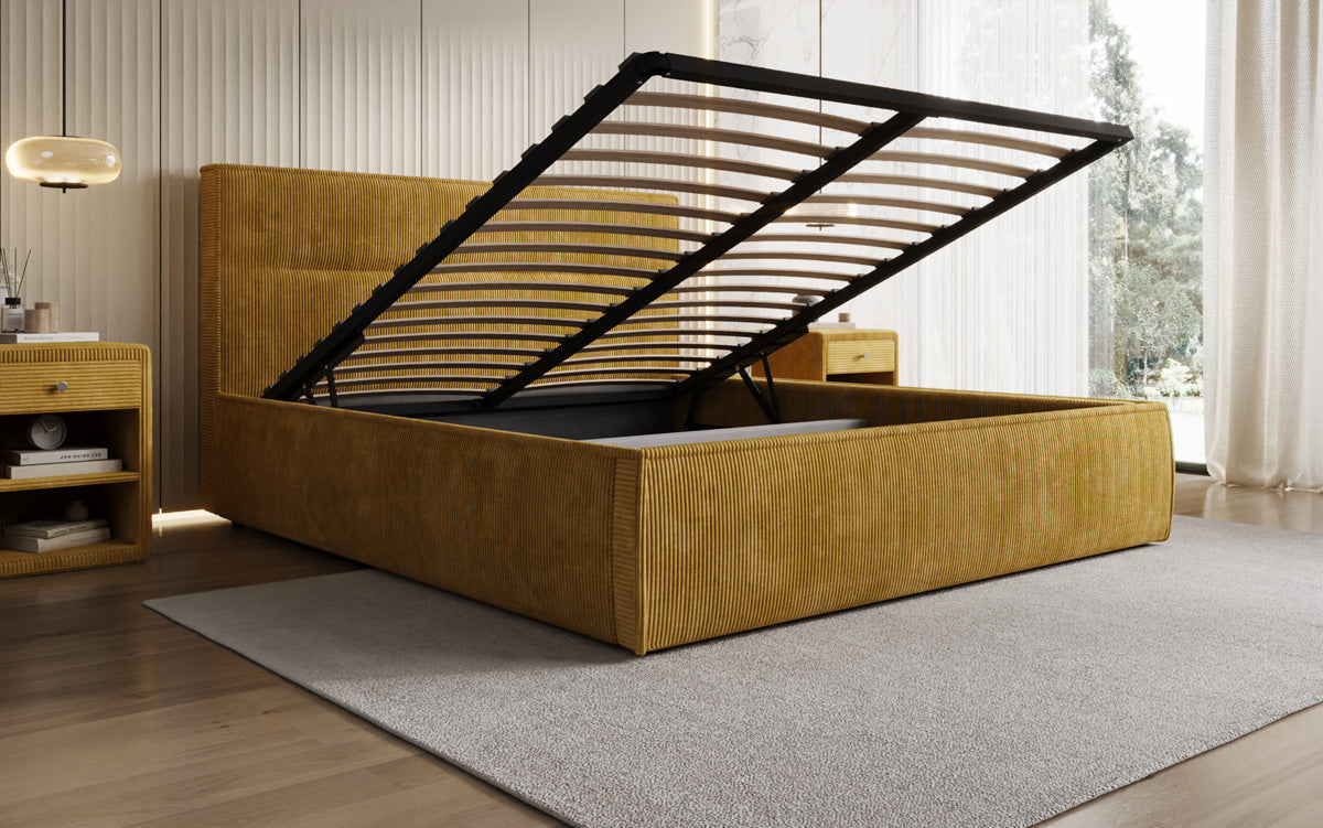 Designer gestoffeerd bed Merry in Ribstof met opbergruimte