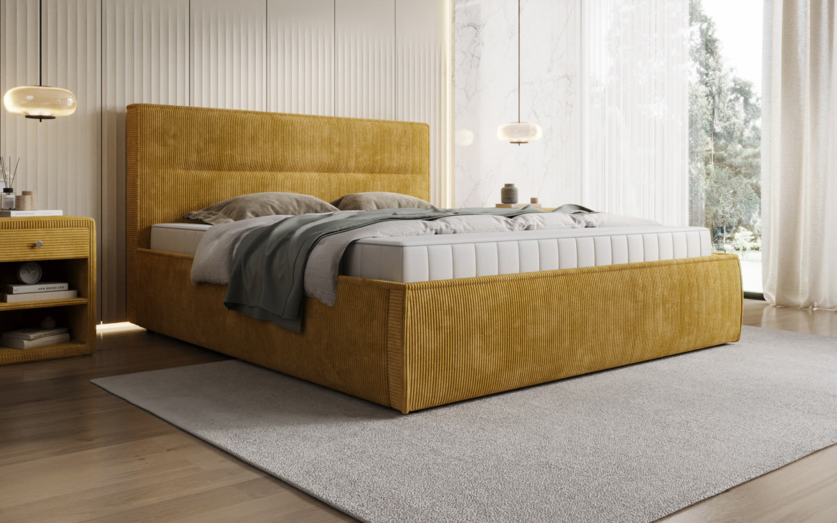 Designer gestoffeerd bed Merry in Ribstof met opbergruimte