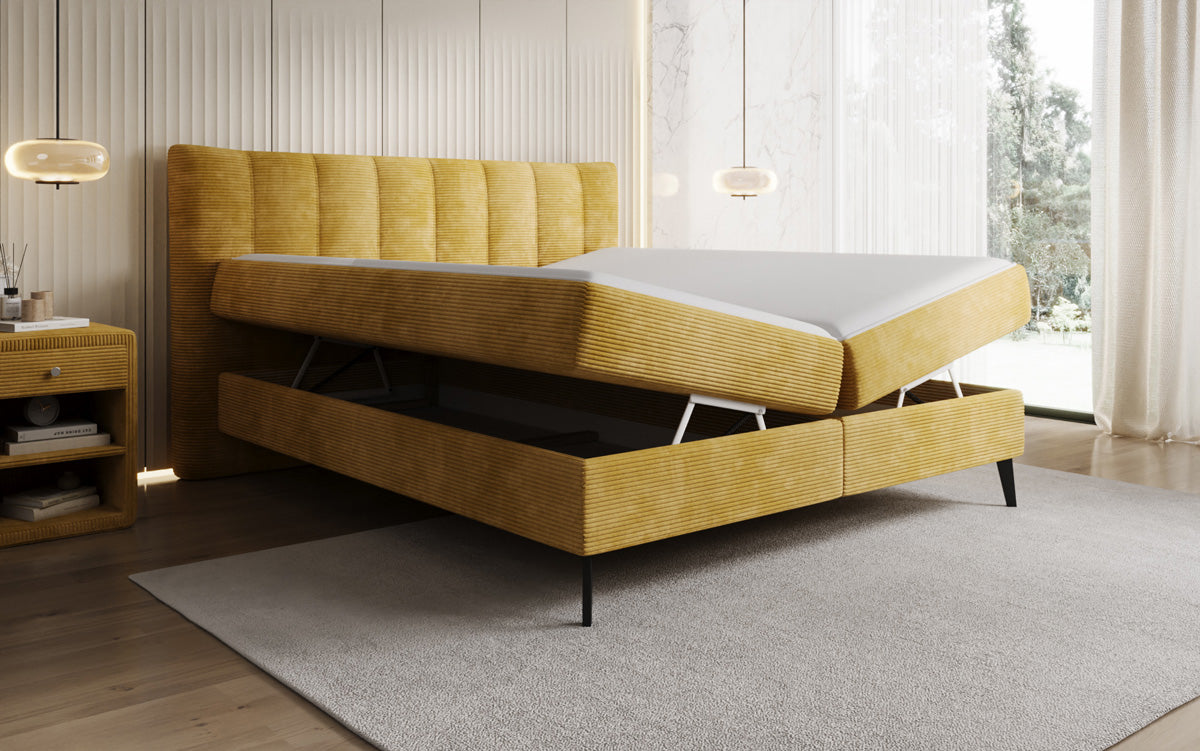 Boxspringbed Ines in Ribstof met opbergruimte