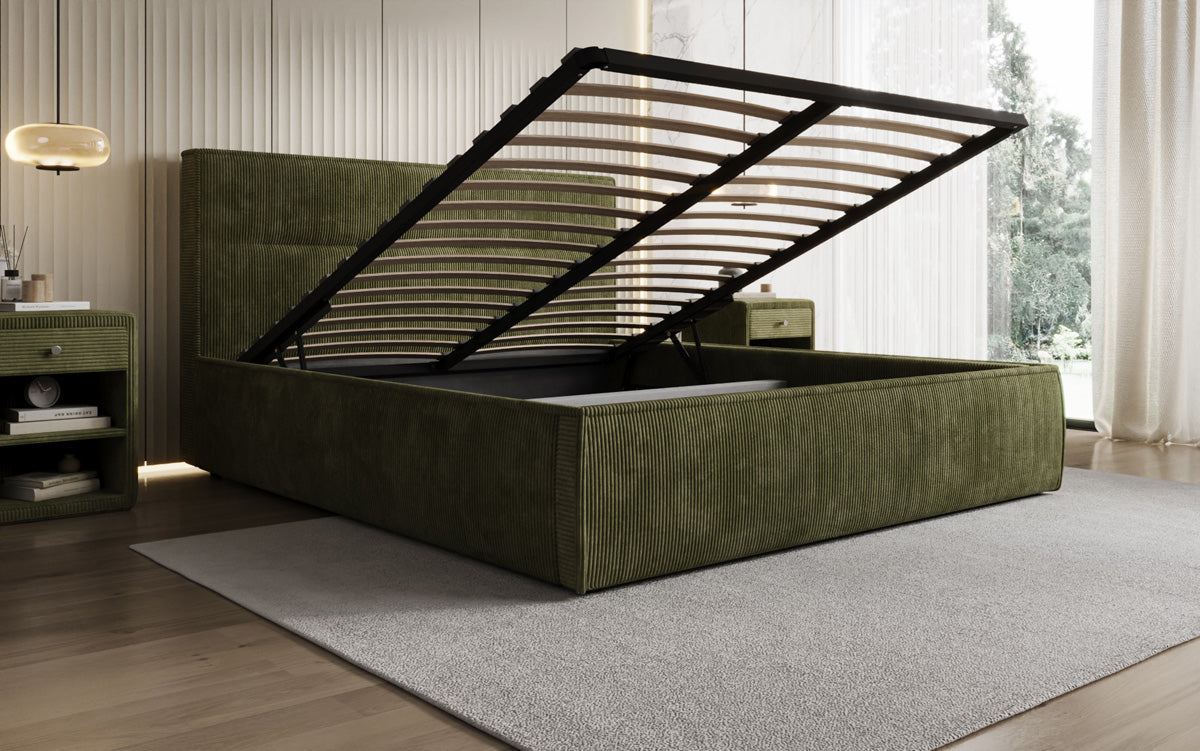 Designer gestoffeerd bed Merry in Ribstof met opbergruimte