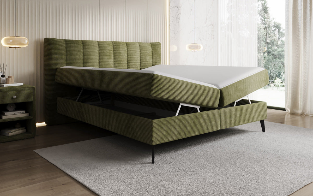 Boxspringbed Ines in Ribstof met opbergruimte