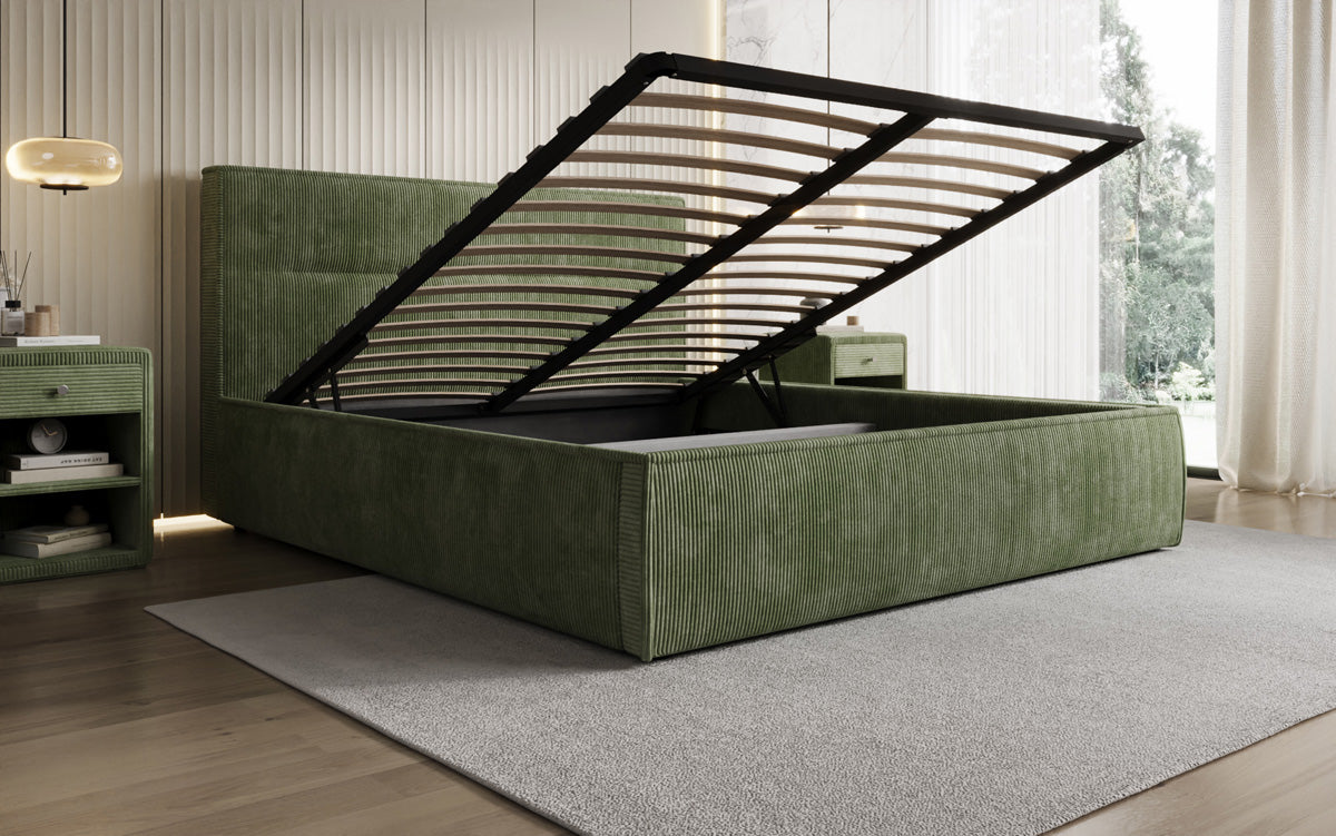 Designer gestoffeerd bed Merry in Ribstof met opbergruimte