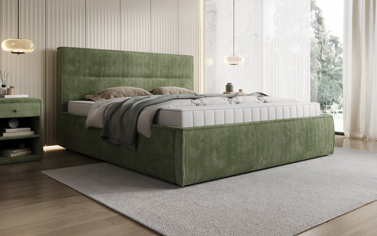 Designer gestoffeerd bed Merry in Ribstof met opbergruimte