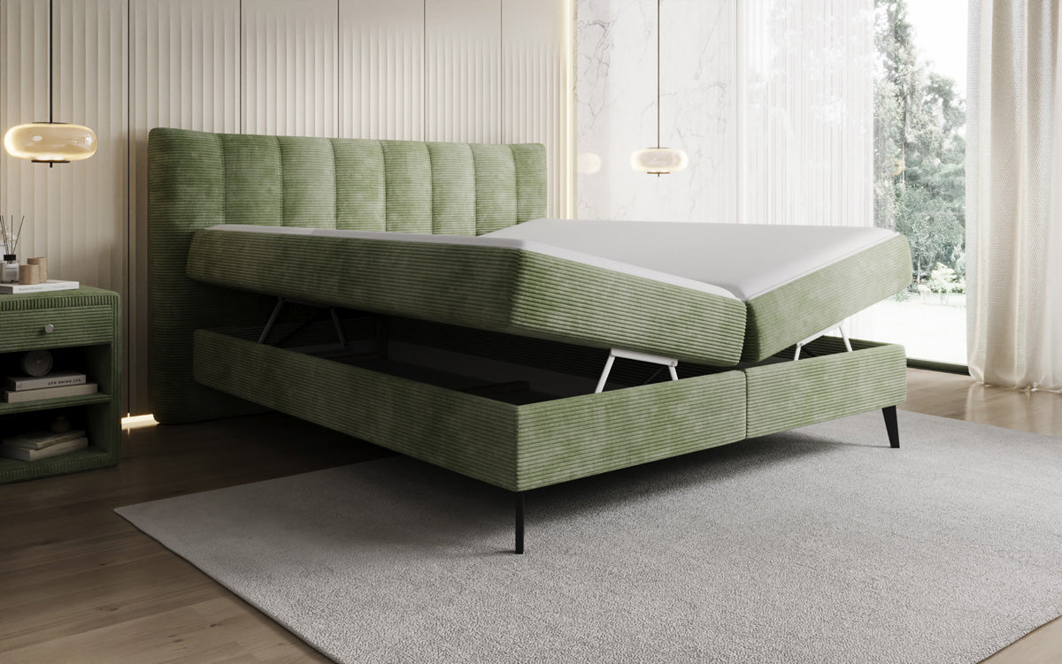 Boxspringbed Ines in Ribstof met opbergruimte