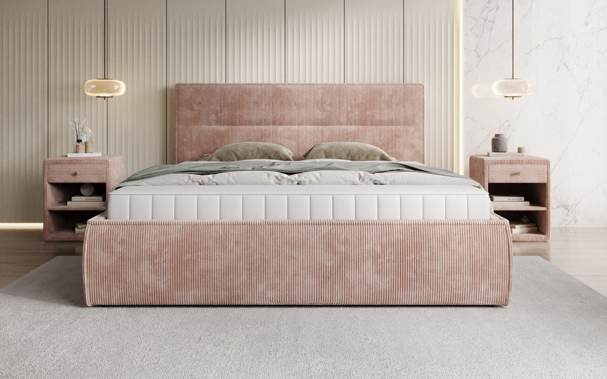Designer gestoffeerd bed Merry in Ribstof met opbergruimte