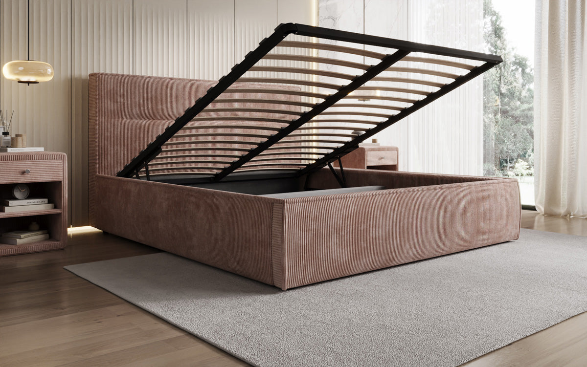 Designer gestoffeerd bed Merry in Ribstof met opbergruimte