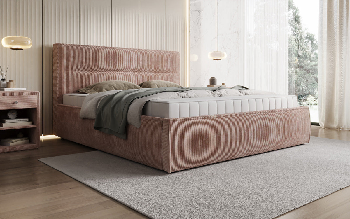 Designer gestoffeerd bed Merry in Ribstof met opbergruimte