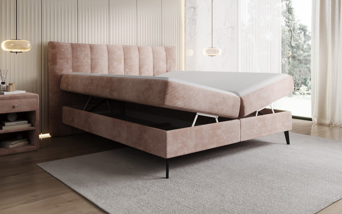 Boxspringbed Ines in Ribstof met opbergruimte