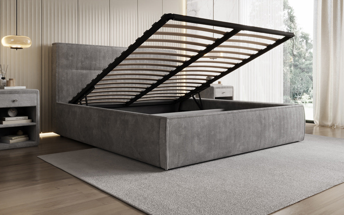 Designer gestoffeerd bed Merry in Ribstof met opbergruimte
