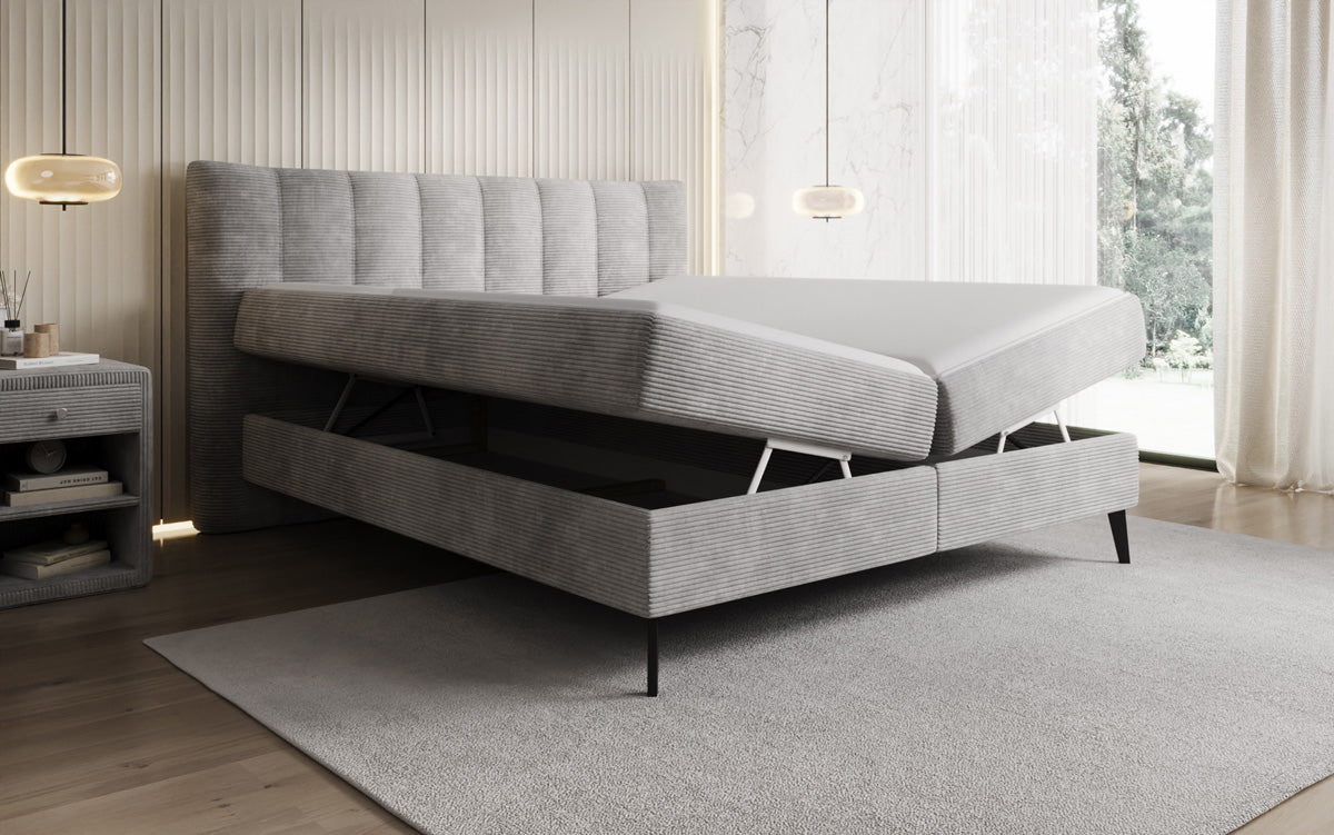 Boxspringbed Ines in Ribstof met opbergruimte