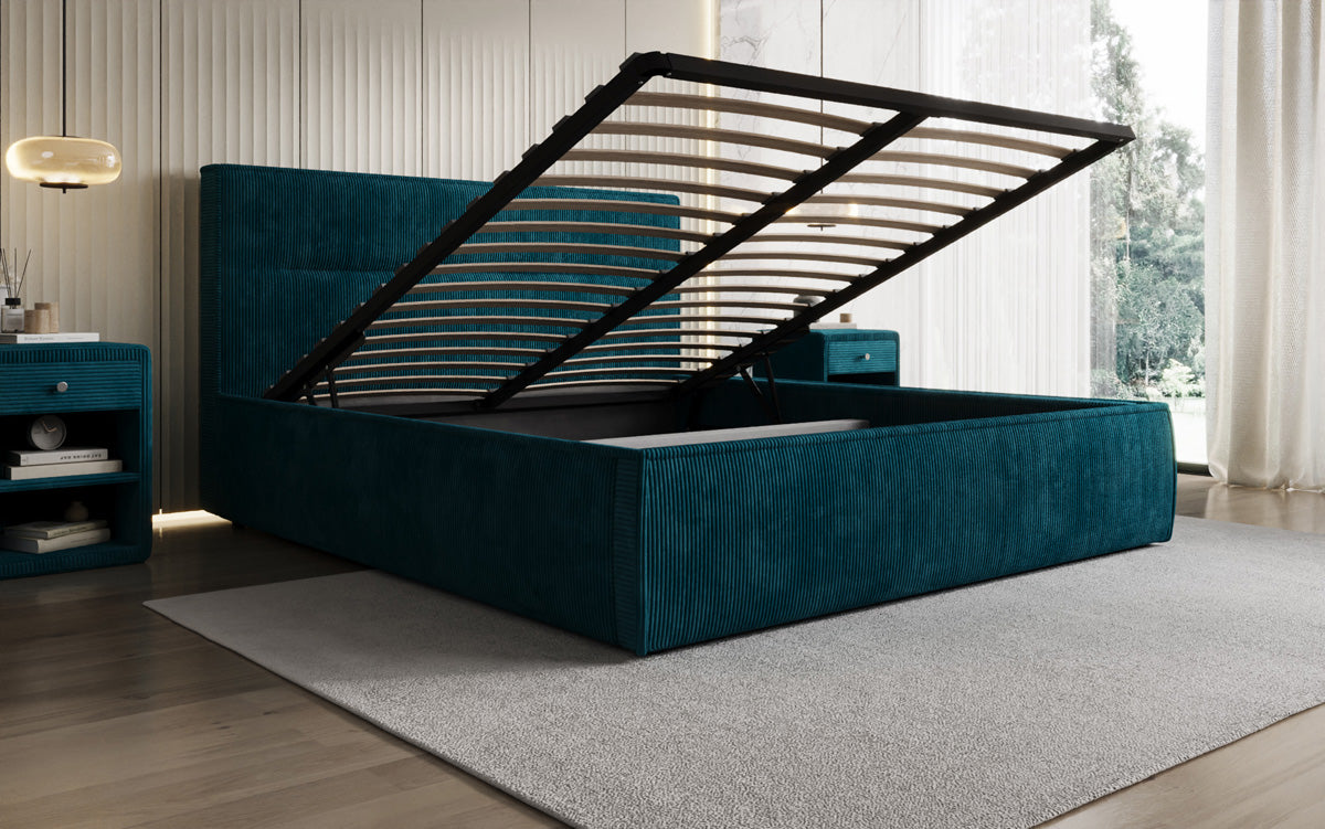 Designer gestoffeerd bed Merry in Ribstof met opbergruimte
