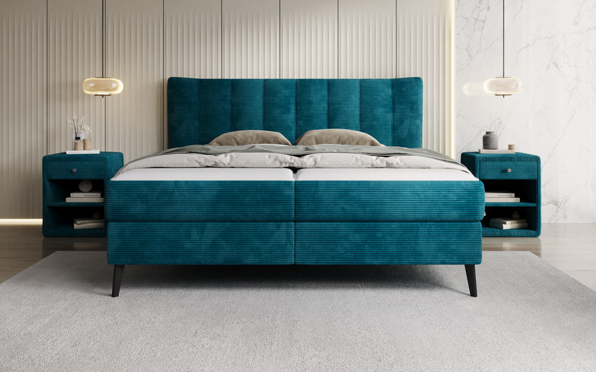 Boxspringbed Ines in Ribstof met opbergruimte