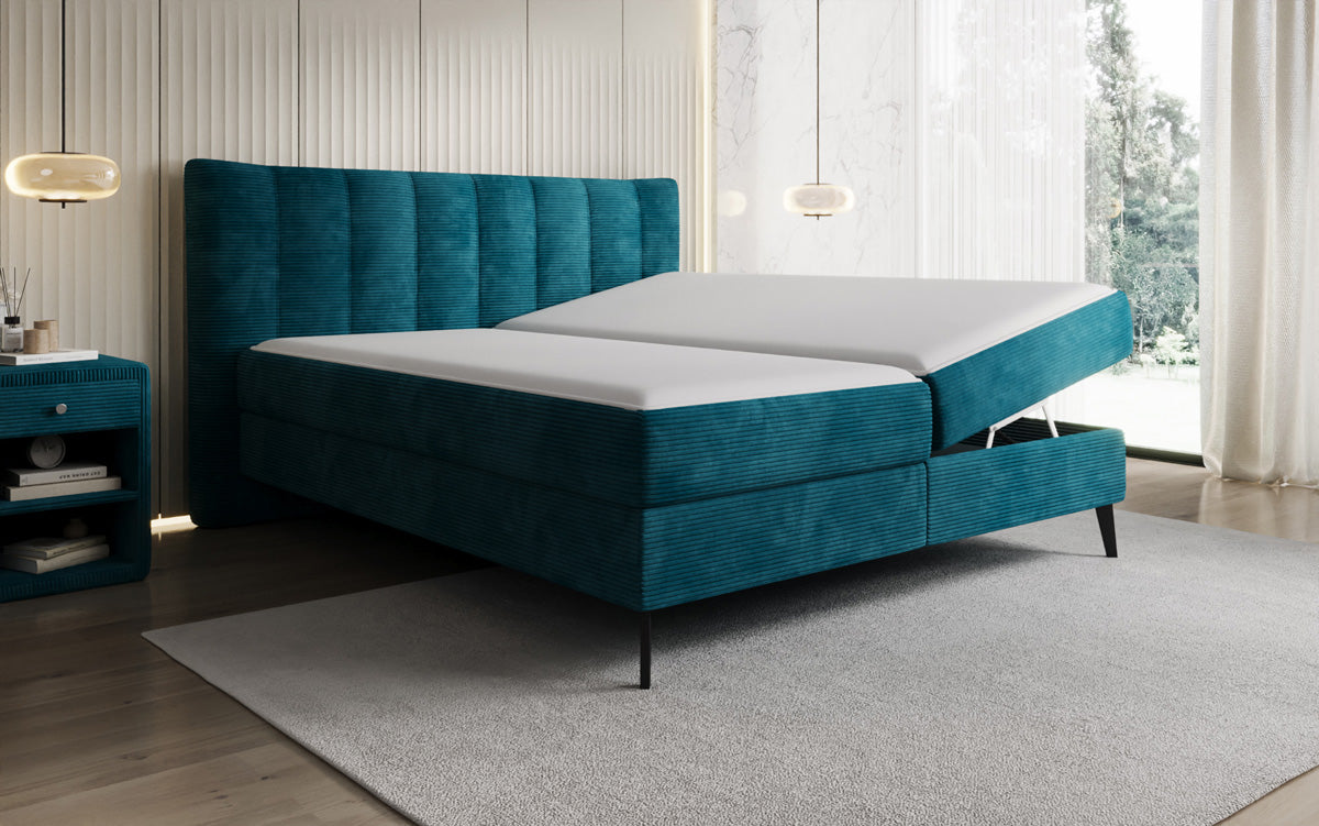 Boxspringbed Ines in Ribstof met opbergruimte