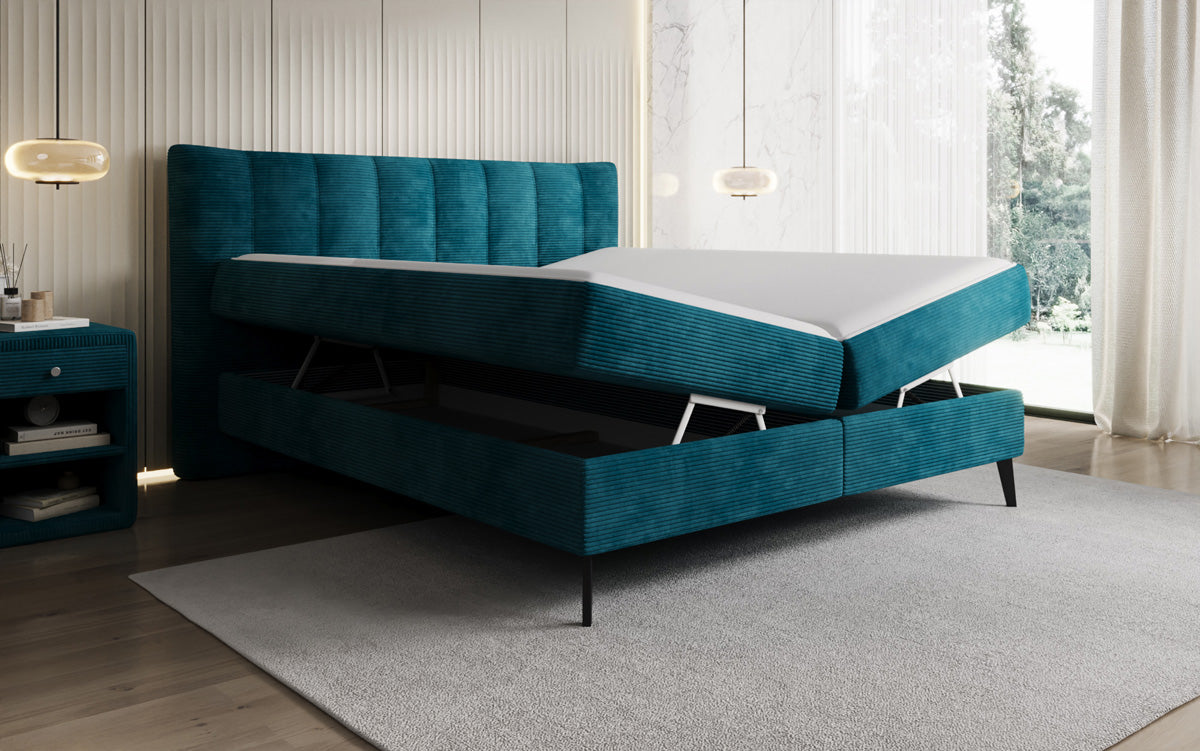Boxspringbed Ines in Ribstof met opbergruimte