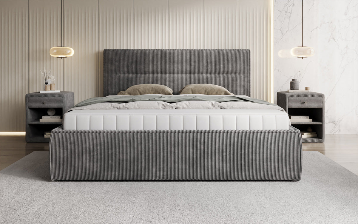Designer gestoffeerd bed Merry in Ribstof met opbergruimte