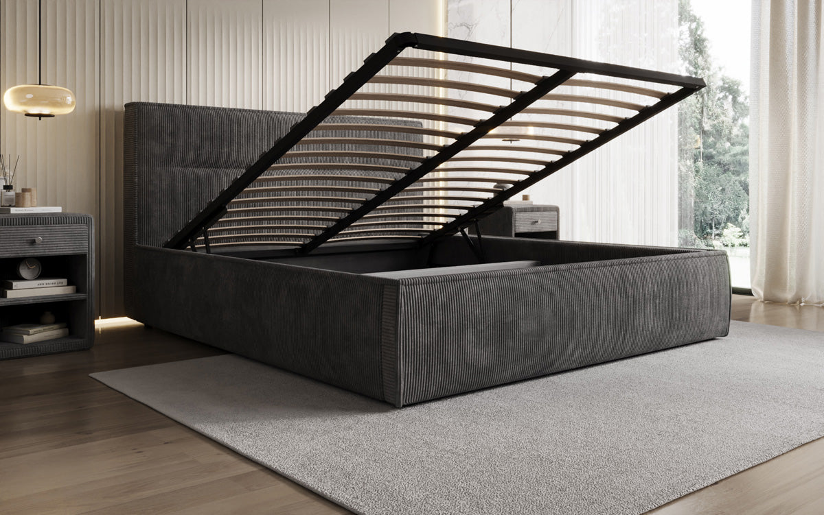 Designer gestoffeerd bed Merry in Ribstof met opbergruimte