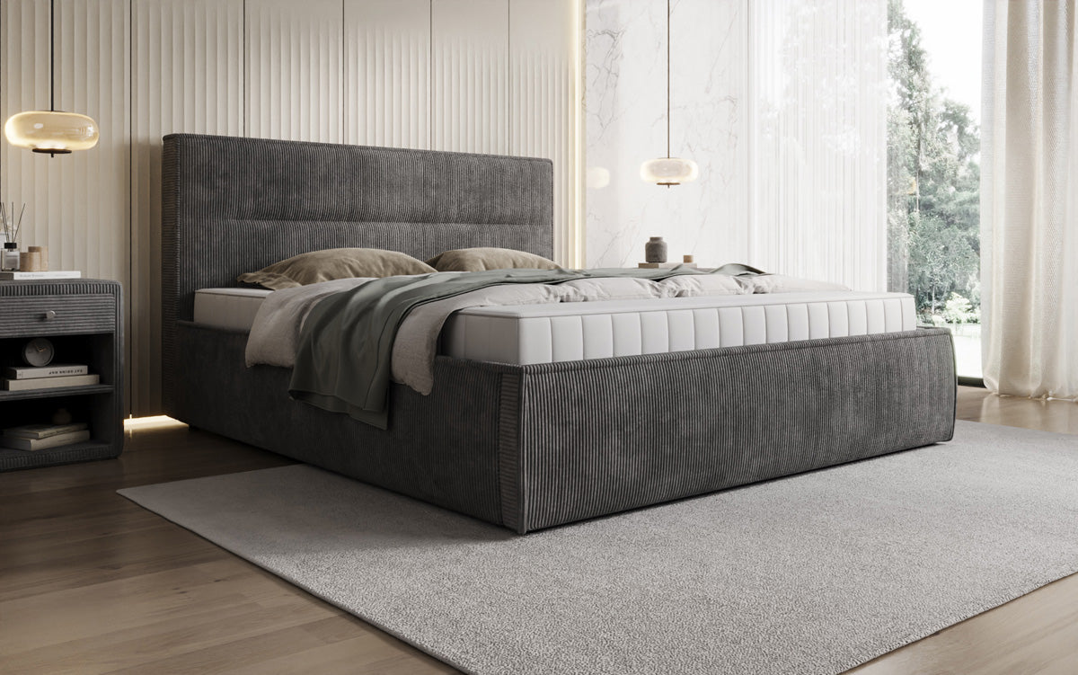 Designer gestoffeerd bed Merry in Ribstof met opbergruimte