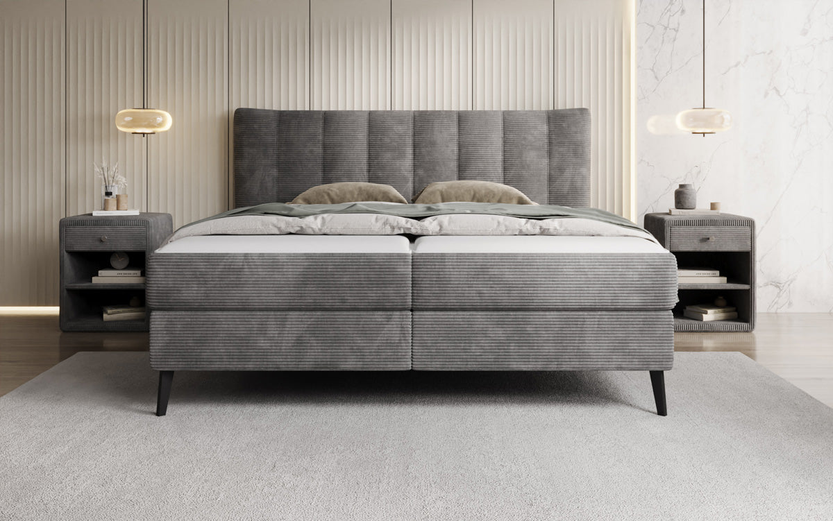 Boxspringbed Ines in Ribstof met opbergruimte