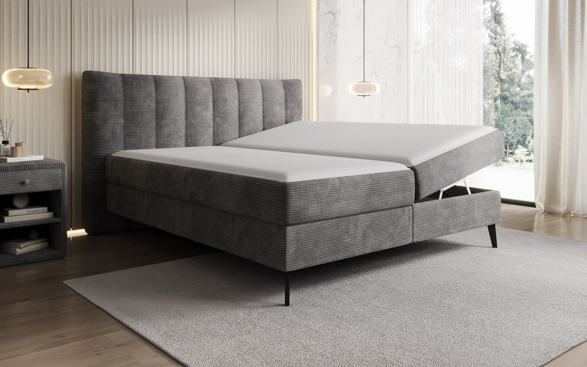 Boxspringbed Ines in Ribstof met opbergruimte