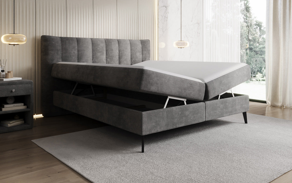 Boxspringbed Ines in Ribstof met opbergruimte