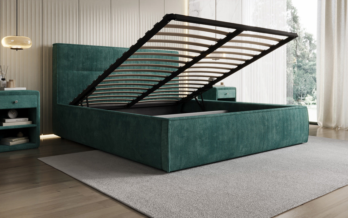 Designer gestoffeerd bed Merry in Ribstof met opbergruimte