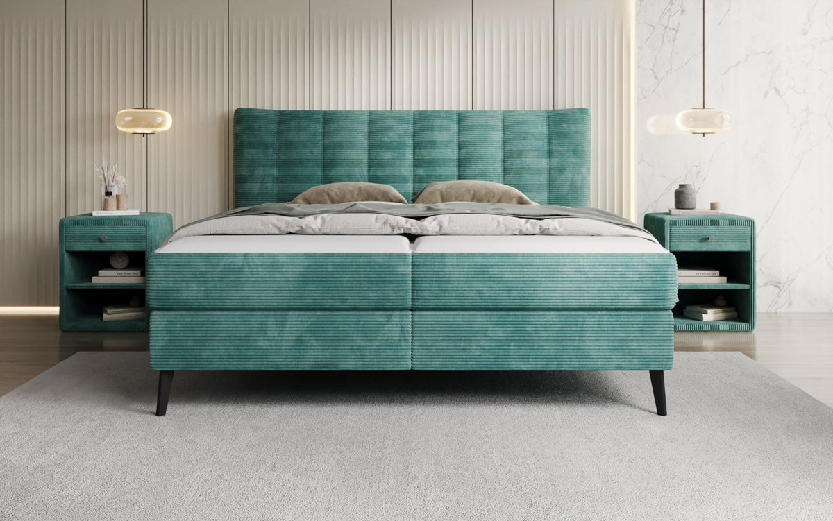 Boxspringbed Ines in Ribstof met opbergruimte
