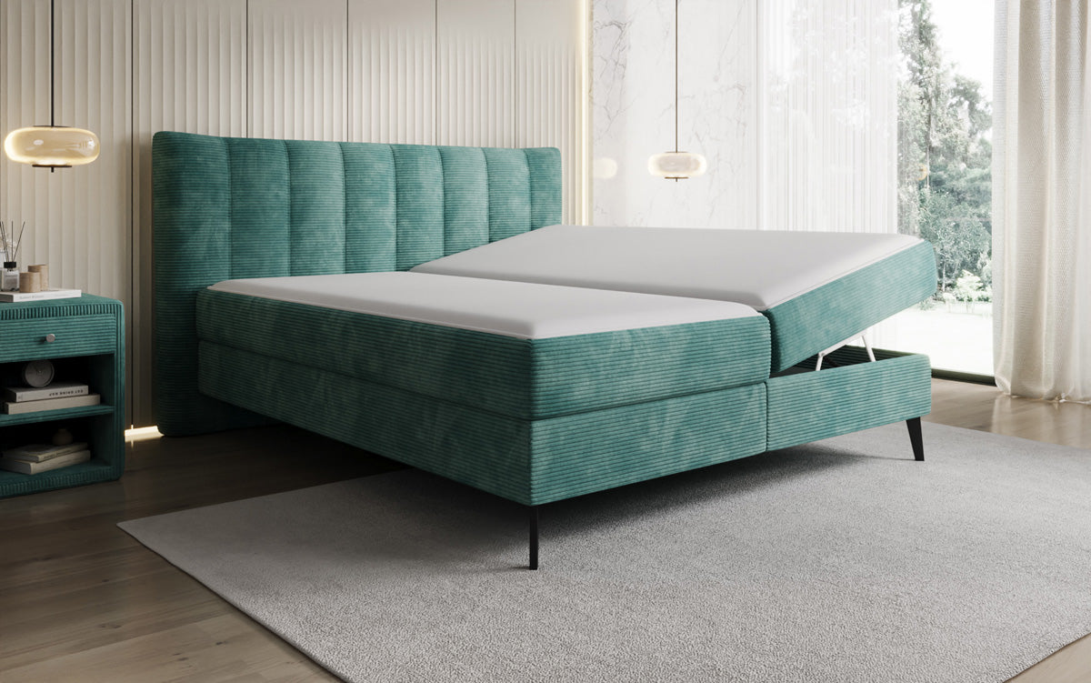 Boxspringbed Ines in Ribstof met opbergruimte