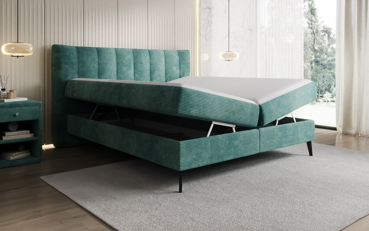 Boxspringbed Ines in Ribstof met opbergruimte
