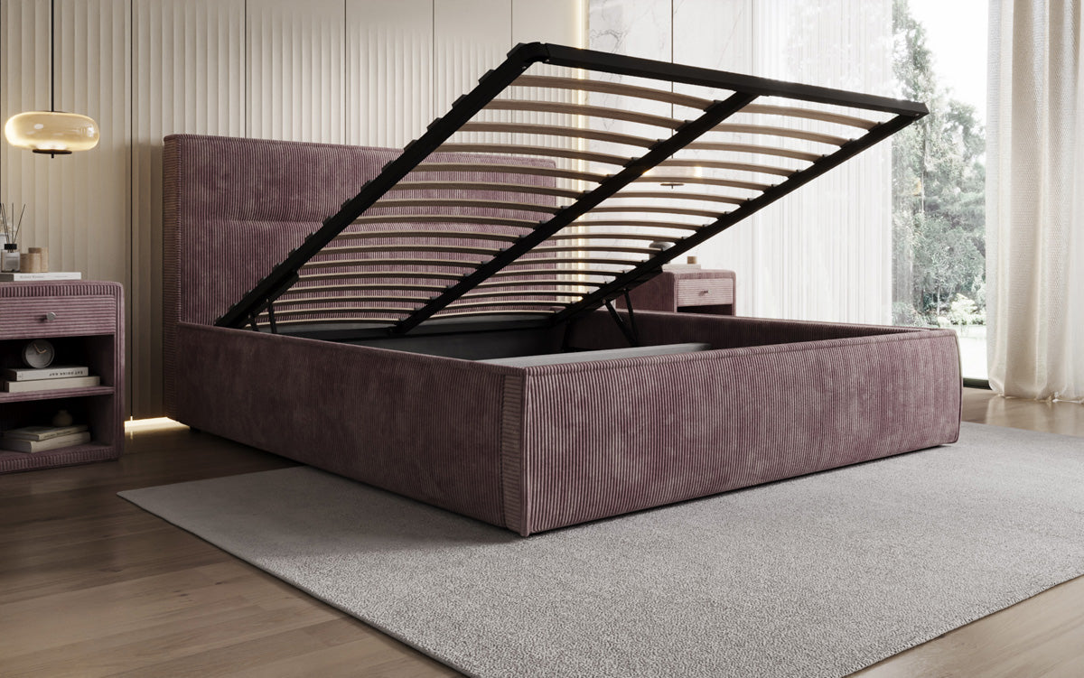 Designer gestoffeerd bed Merry in Ribstof met opbergruimte