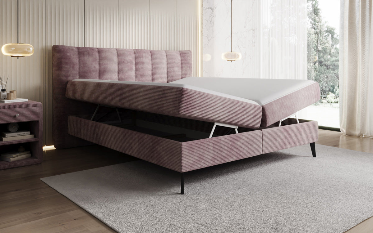Boxspringbed Ines in Ribstof met opbergruimte