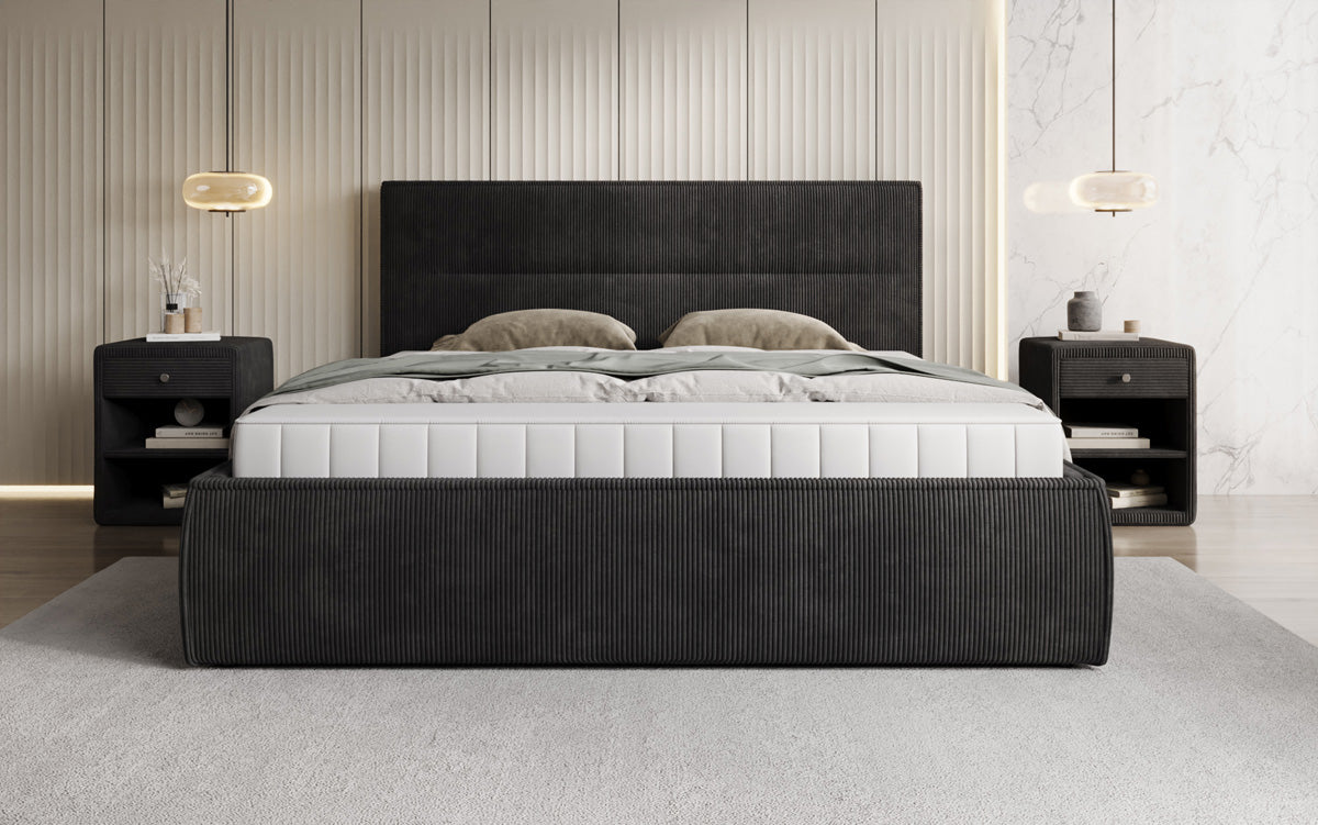 Designer gestoffeerd bed Merry in Ribstof met opbergruimte