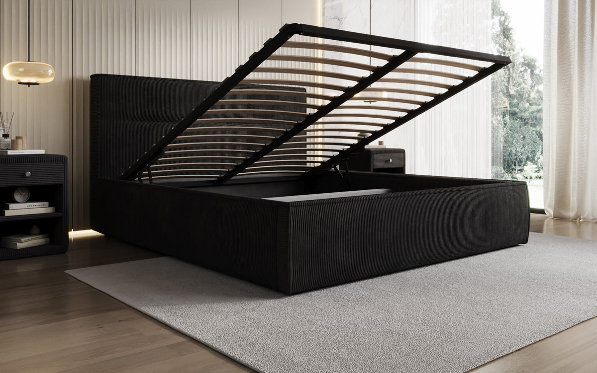 Designer gestoffeerd bed Merry in Ribstof met opbergruimte