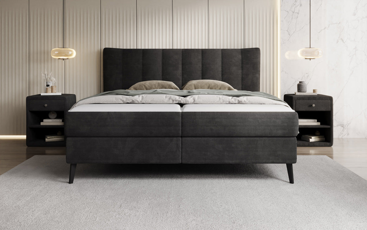 Boxspringbed Ines in Ribstof met opbergruimte