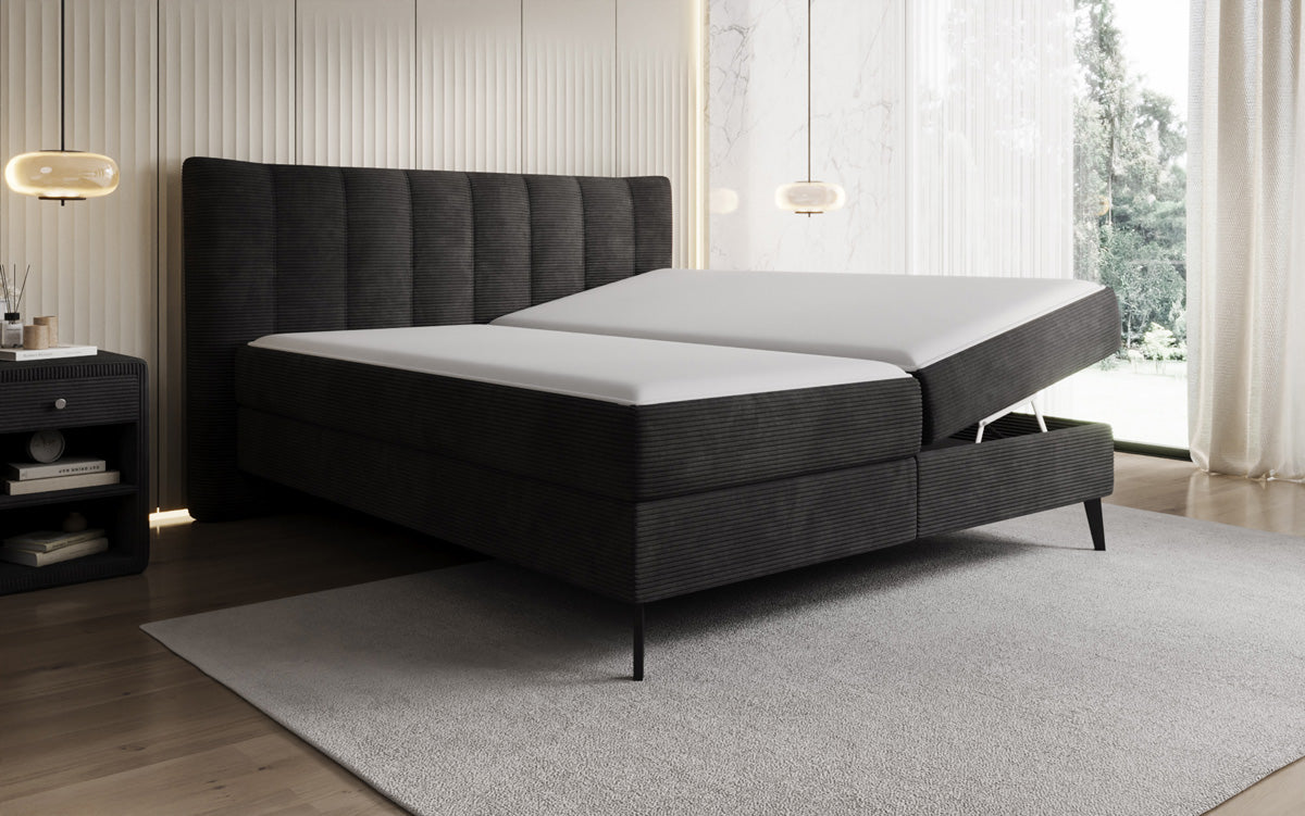 Boxspringbed Ines in Ribstof met opbergruimte