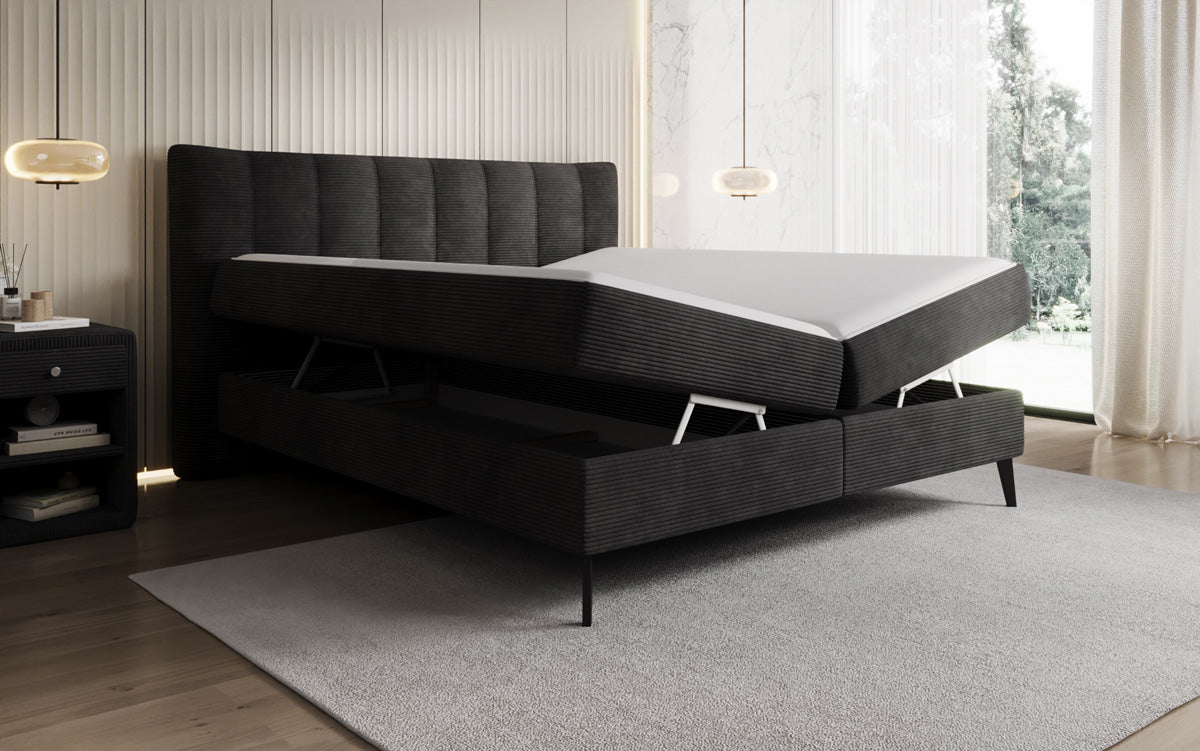 Boxspringbed Ines in Ribstof met opbergruimte