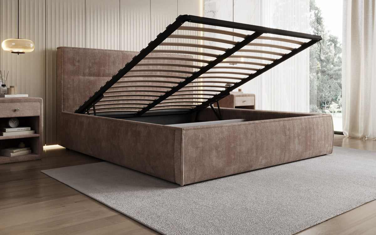 Designer gestoffeerd bed Merry in Ribstof met opbergruimte
