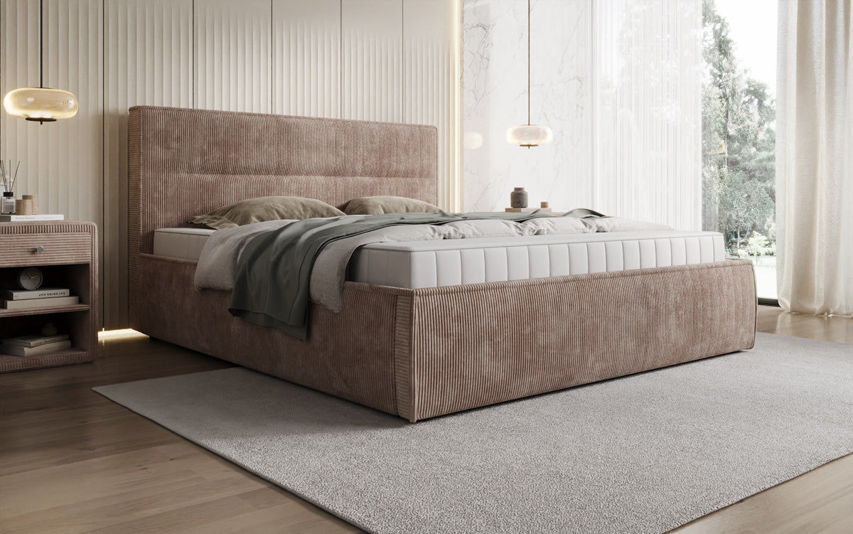 Designer gestoffeerd bed Merry in Ribstof met opbergruimte