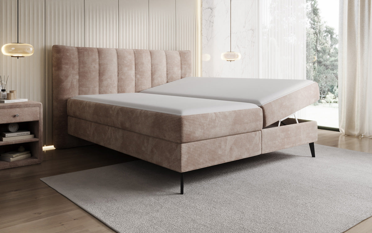 Boxspringbed Ines in Ribstof met opbergruimte