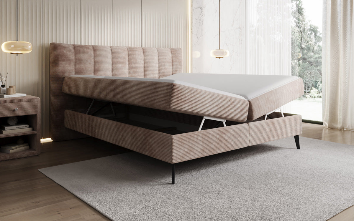 Boxspringbed Ines in Ribstof met opbergruimte