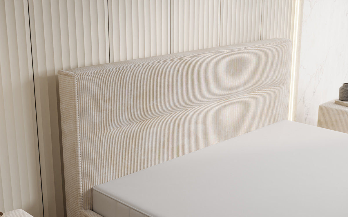 Designer gestoffeerd bed Merry in Ribstof met opbergruimte
