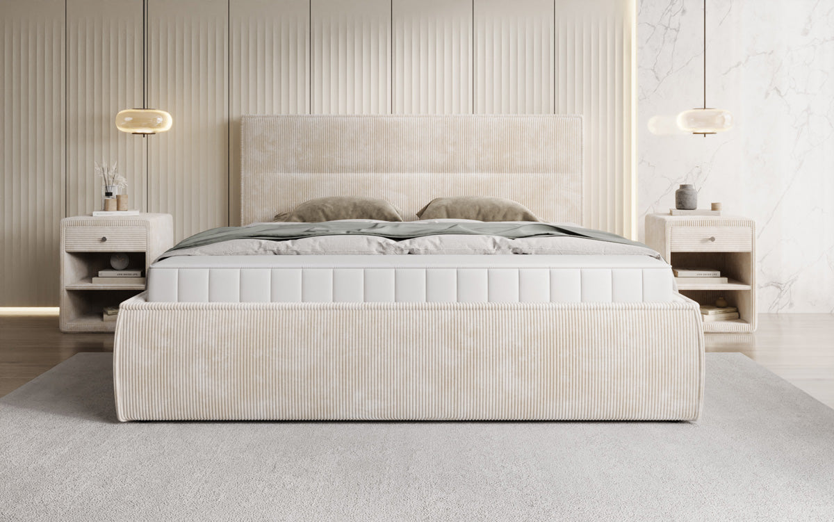 Designer gestoffeerd bed Merry in Ribstof met opbergruimte