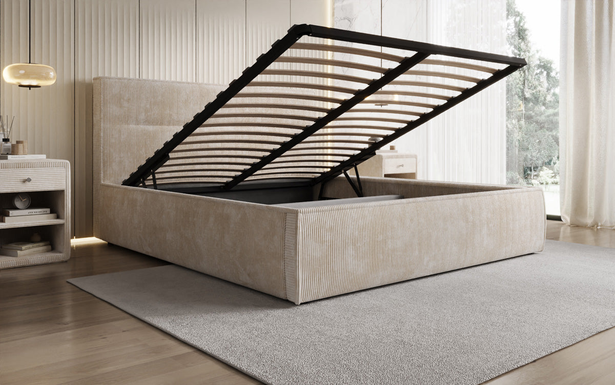 Designer gestoffeerd bed Merry in Ribstof met opbergruimte
