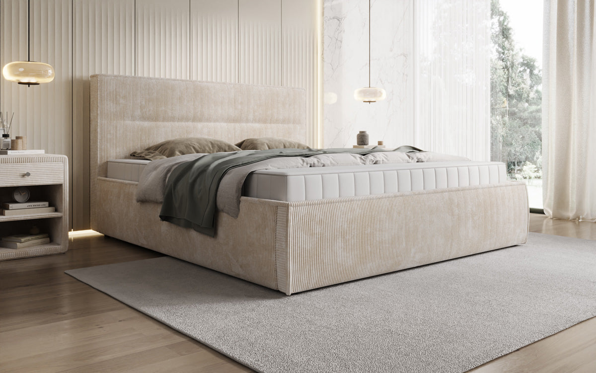 Designer gestoffeerd bed Merry in Ribstof met opbergruimte