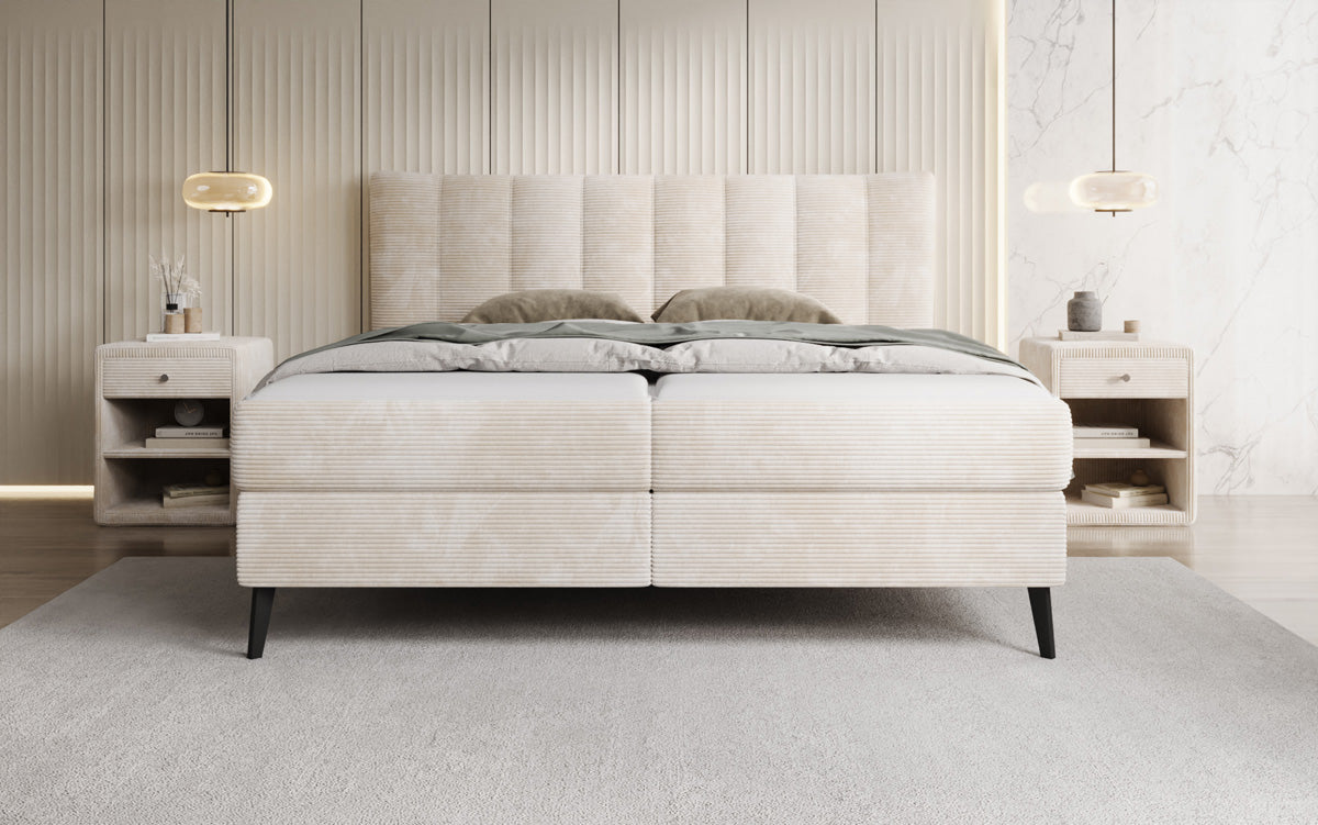 Boxspringbed Ines in Ribstof met opbergruimte
