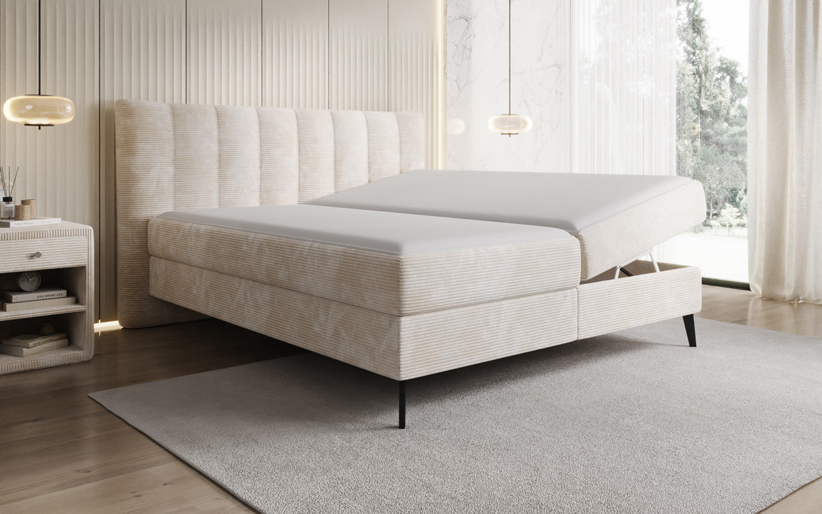 Boxspringbed Ines in Ribstof met opbergruimte