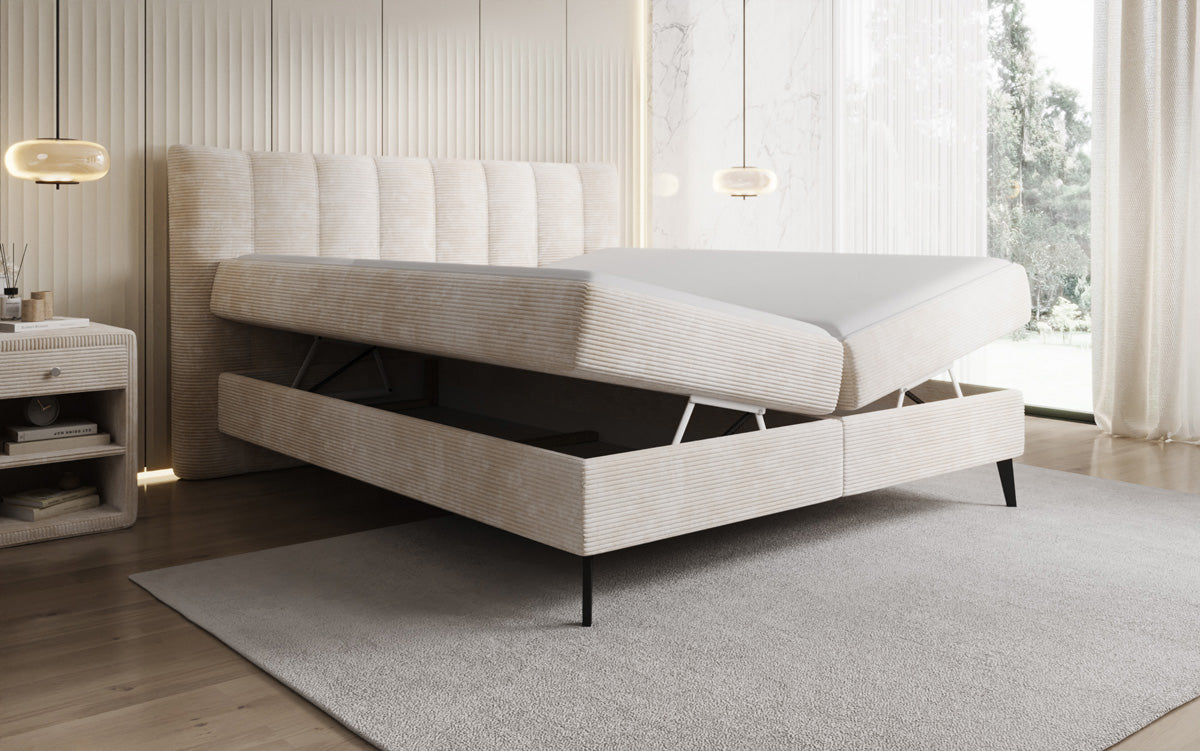 Boxspringbed Ines in Ribstof met opbergruimte